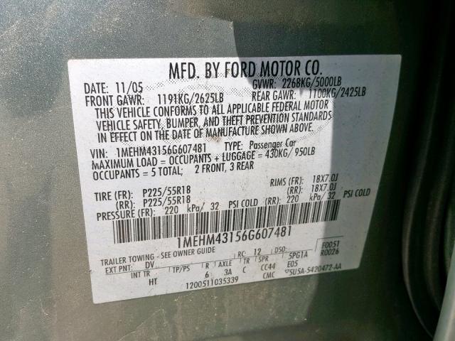 1MEHM43156G607481 - 2006 MERCURY MONTEGO PR 蓝色 照片 10