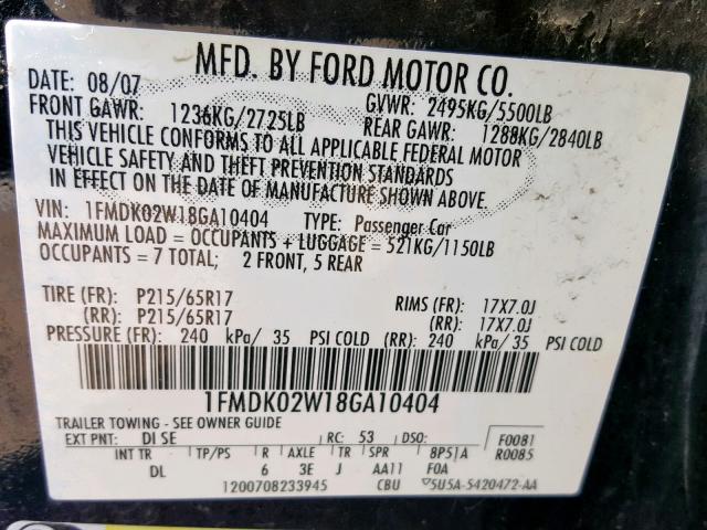 1FMDK02W18GA10404 - 2008 FORD TAURUS X S BLACK photo 10