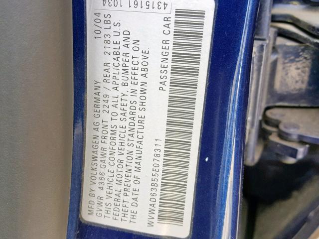 WVWAD63B55E078311 - 2005 VOLKSWAGEN PASSAT GLS BLUE photo 10