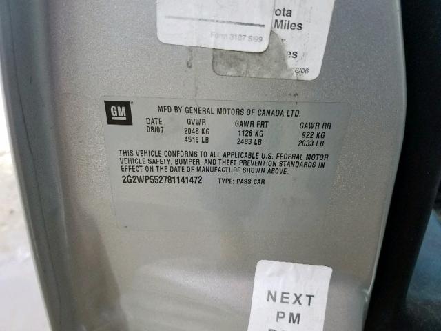 2G2WP552781141472 - 2008 PONTIAC GRAND PRIX SILVER photo 10