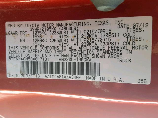 5TFNX4CN5CX017131 - 2012 TOYOTA TACOMA RED photo 10