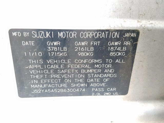 JS2YA5A52B6300474 - 2011 SUZUKI SX4 SILVER photo 10