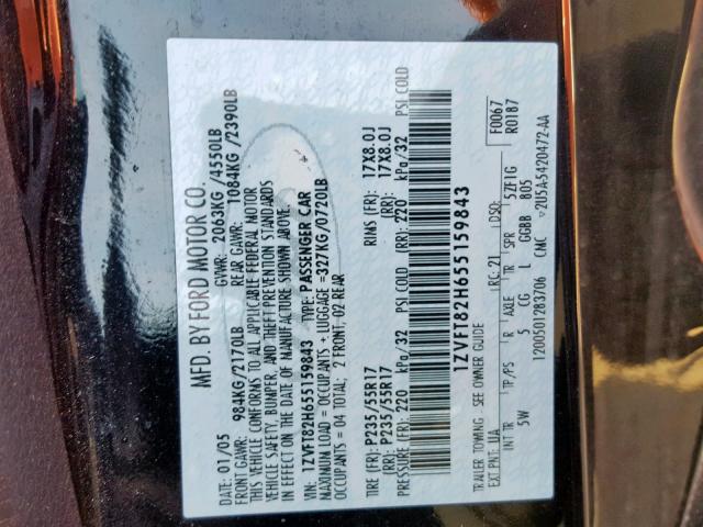 1ZVFT82H655159843 - 2005 FORD MUSTANG GT BLACK photo 10