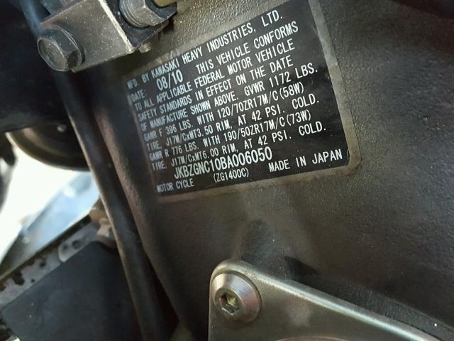 JKBZGNC10BA006050 - 2011 KAWASAKI ZG1400 C GRAY photo 10