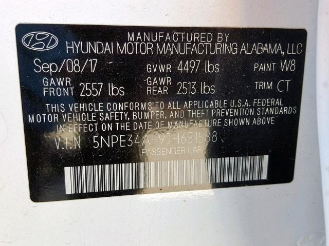 5NPE34AF9JH651588 - 2018 HYUNDAI SONATA SPO WHITE photo 10