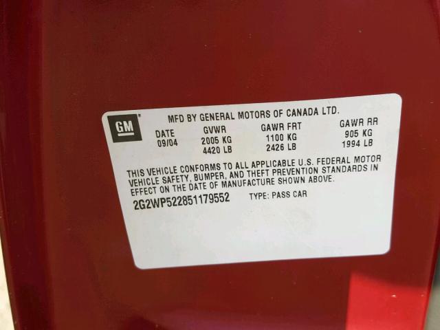 2G2WP522851179552 - 2005 PONTIAC GRAND PRIX MAROON photo 10