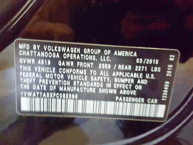 1VWAT7A3XFC082398 - 2015 VOLKSWAGEN PASSAT S BLACK photo 10