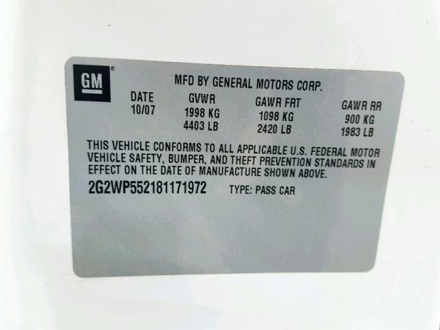 2G2WP552181171972 - 2008 PONTIAC GRAND PRIX WHITE photo 10