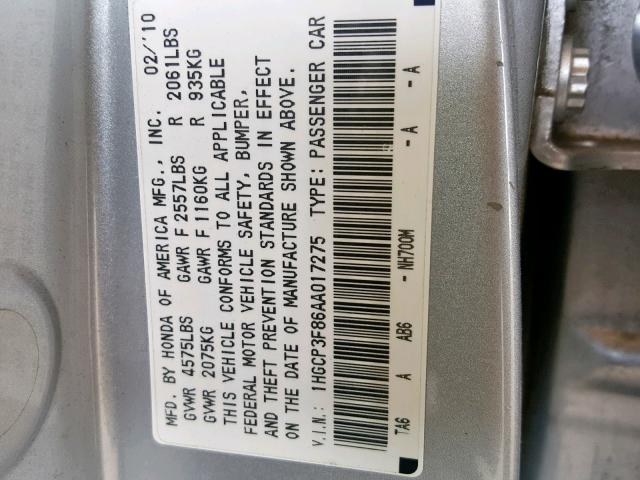 1HGCP3F86AA017275 - 2010 HONDA ACCORD EXL SILVER photo 10