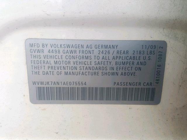 WVWJK7AN1AE075554 - 2010 VOLKSWAGEN PASSAT KOM WHITE photo 10