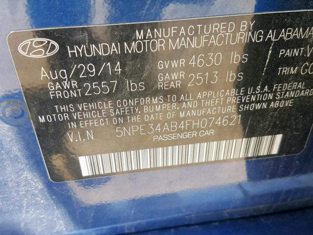 5NPE34AB4FH074621 - 2015 HYUNDAI SONATA SPO BLUE photo 10