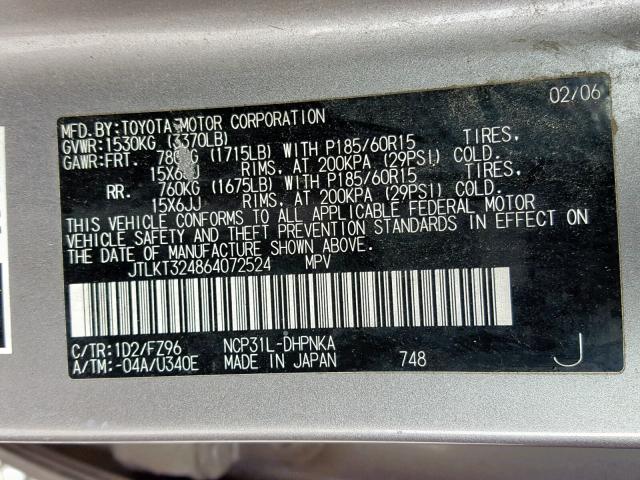 JTLKT324864072524 - 2006 TOYOTA SCION XB GRAY photo 10