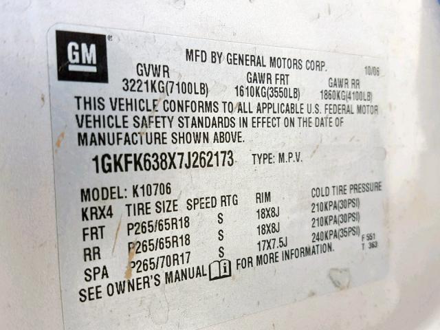 1GKFK638X7J262173 - 2007 GMC YUKON DENA BEIGE photo 10