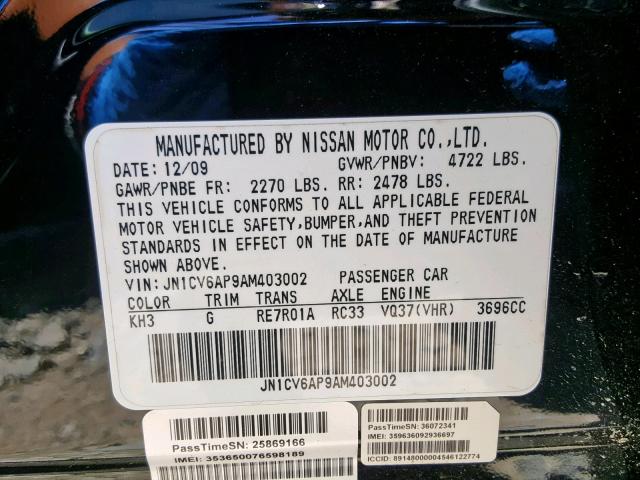 JN1CV6AP9AM403002 - 2010 INFINITI G37 BASE BLACK photo 10