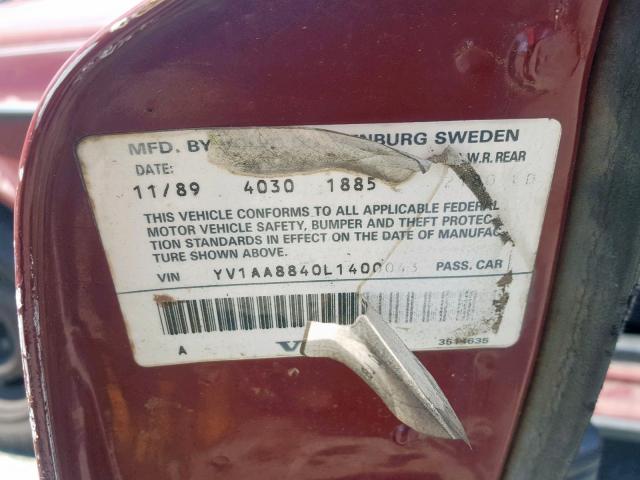 YV1AA8840L1400043 - 1990 VOLVO 240 BASE MAROON photo 10