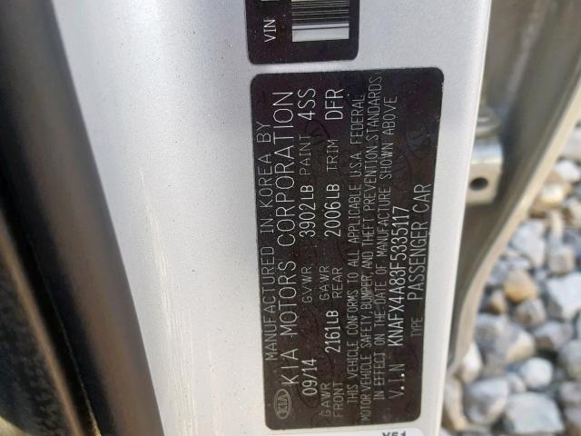 KNAFX4A83F5335117 - 2015 KIA FORTE EX SILVER photo 10