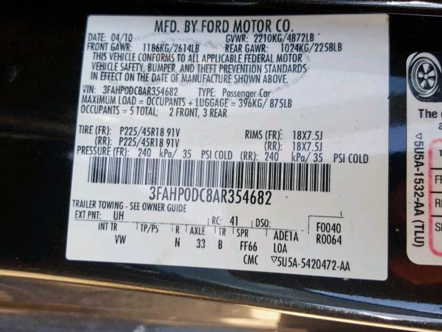 3FAHP0DC8AR354682 - 2010 FORD FUSION SPO BLACK photo 10