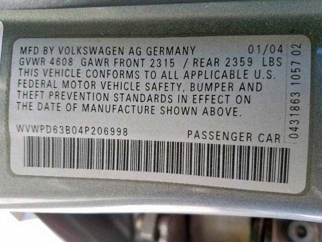 WVWPD63B04P206998 - 2004 VOLKSWAGEN PASSAT GLS GRAY photo 10