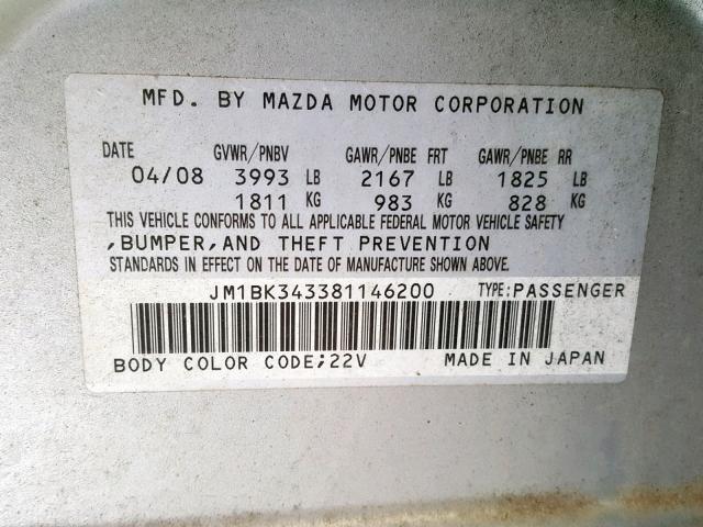 JM1BK343381146200 - 2008 MAZDA 3 HATCHBAC SILVER photo 10