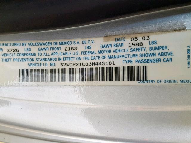 3VWCP21C03M443101 - 2003 VOLKSWAGEN NEW BEETLE SILVER photo 10