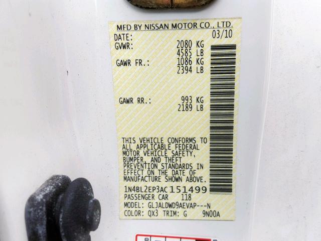 1N4BL2EP3AC151499 - 2010 NISSAN ALTIMA SR WHITE photo 10