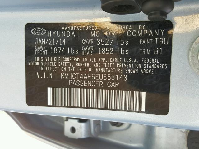 KMHCT4AE6EU653143 - 2014 HYUNDAI ACCENT GLS BLUE photo 10