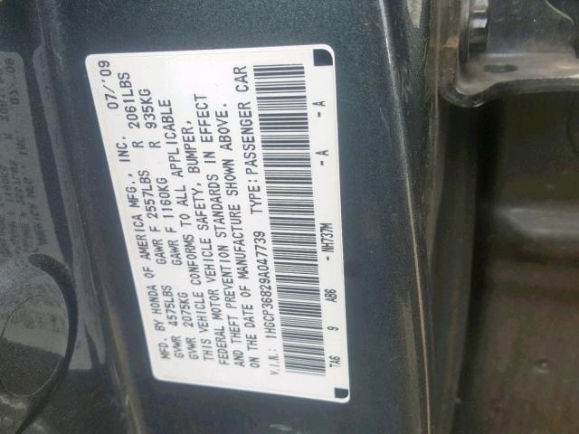 1HGCP36829A047739 - 2009 HONDA ACCORD EXL GRAY photo 10