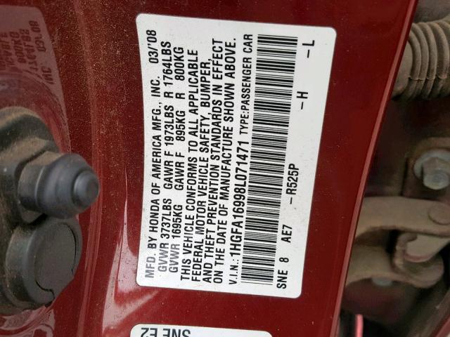 1HGFA16998L071471 - 2008 HONDA CIVIC EXL RED photo 10