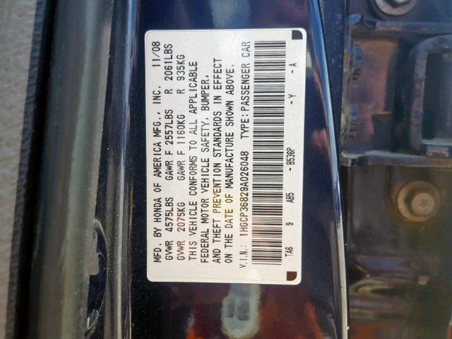 1HGCP36829A026048 - 2009 HONDA ACCORD EXL BLUE photo 10