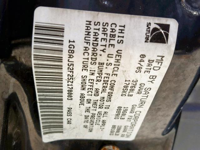 1G8AJ52F25Z170003 - 2005 SATURN ION LEVEL RED photo 10