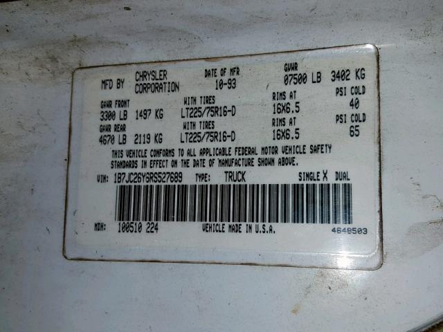 1B7JC26Y6RS527689 - 1994 DODGE RAM 2500 WHITE photo 10