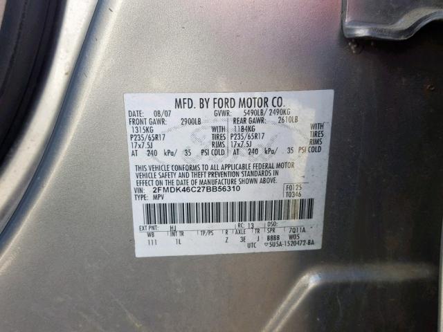 2FMDK46C27BB56310 - 2007 FORD EDGE SE SILVER photo 10