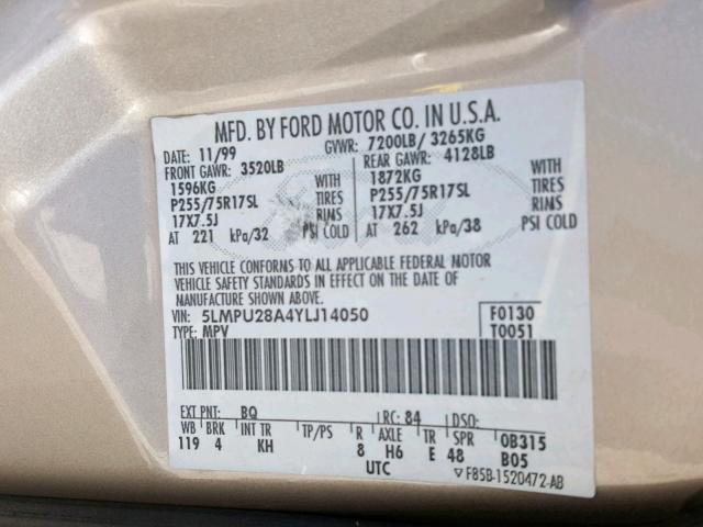 5LMPU28A4YLJ14050 - 2000 LINCOLN NAVIGATOR BEIGE photo 10