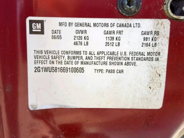 2G1WU581669100605 - 2006 CHEVROLET IMPALA LTZ RED photo 10