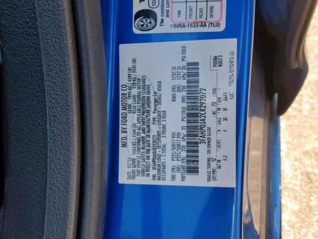 3FAHP0JA2CR292072 - 2012 FORD FUSION SEL BLUE photo 10