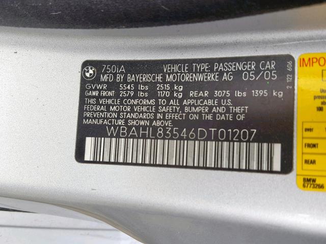 WBAHL83546DT01207 - 2006 BMW 750 I SILVER photo 10