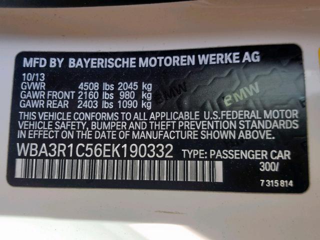 WBA3R1C56EK190332 - 2014 BMW 435 I WHITE photo 10