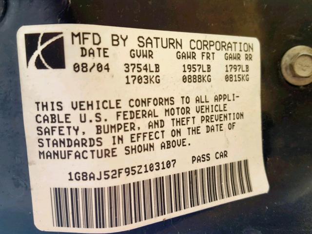 1G8AJ52F95Z103107 - 2005 SATURN ION LEVEL BLACK photo 10