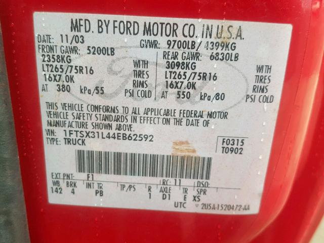 1FTSX31L44EB62592 - 2004 FORD F350 SRW S RED photo 10
