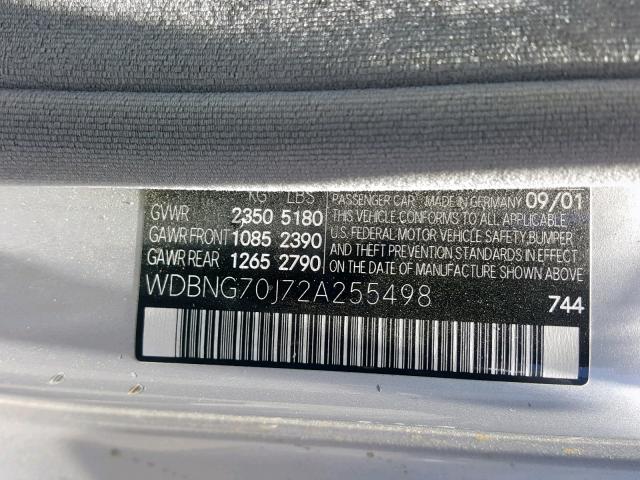 WDBNG70J72A255498 - 2002 MERCEDES-BENZ S 430 SILVER photo 10