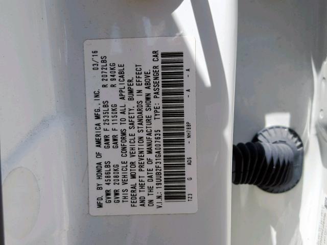 19UUB2F31GA007635 - 2016 ACURA TLX WHITE photo 10