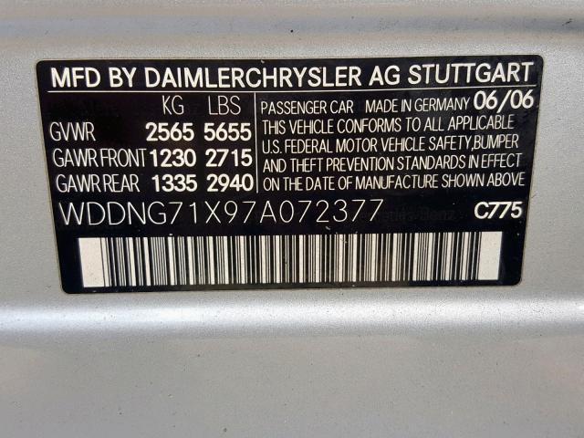 WDDNG71X97A072377 - 2007 MERCEDES-BENZ S 550 SILVER photo 10