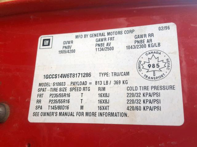 1GCCS14W6T8171286 - 1996 CHEVROLET S TRUCK S1 RED photo 10
