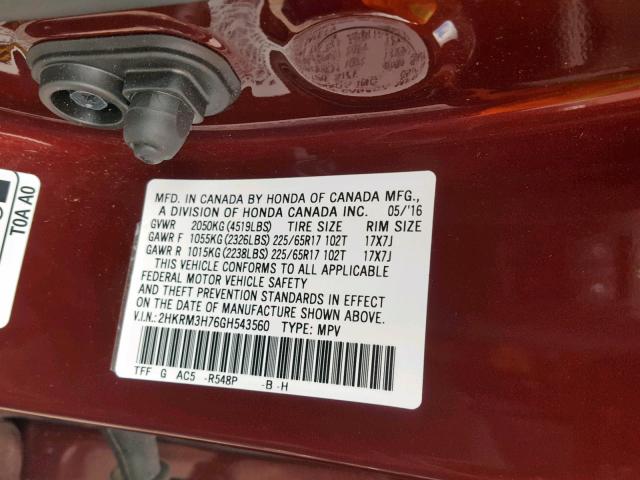 2HKRM3H76GH543560 - 2016 HONDA CR-V EXL BURGUNDY photo 10