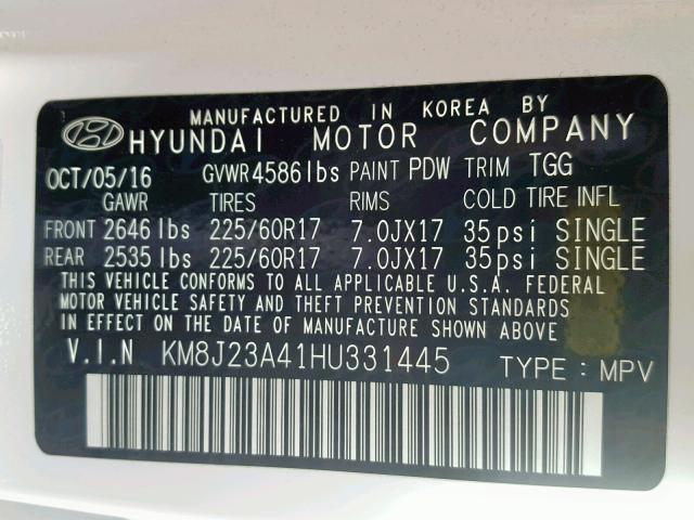 KM8J23A41HU331445 - 2017 HYUNDAI TUCSON SE WHITE photo 10