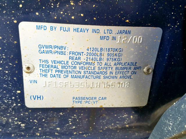 JF1SF63561H765708 - 2001 SUBARU FORESTER L BLUE photo 10