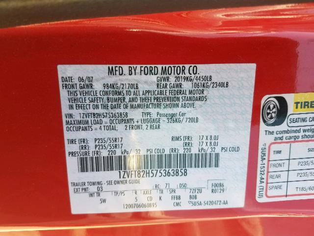 1ZVFT82H575363858 - 2007 FORD MUSTANG GT RED photo 10