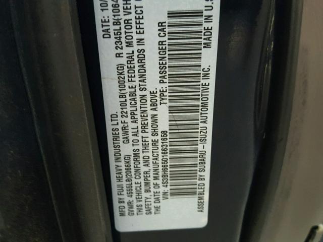 4S3BH665016631658 - 2001 SUBARU LEGACY OUT BLACK photo 10