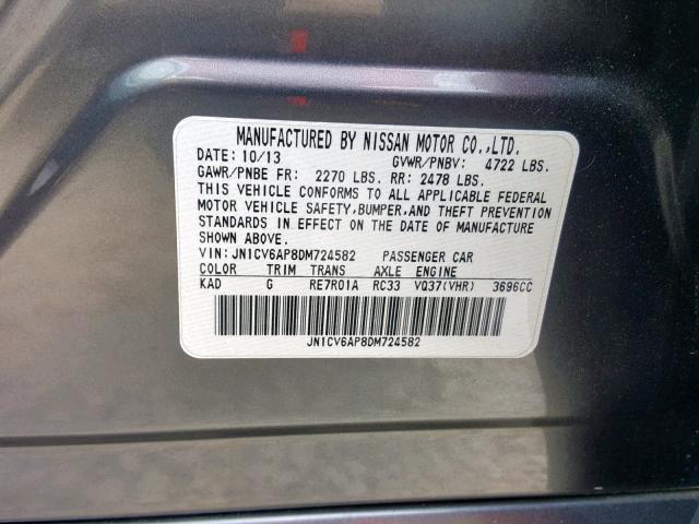 JN1CV6AP8DM724582 - 2013 INFINITI G37 BASE GRAY photo 10