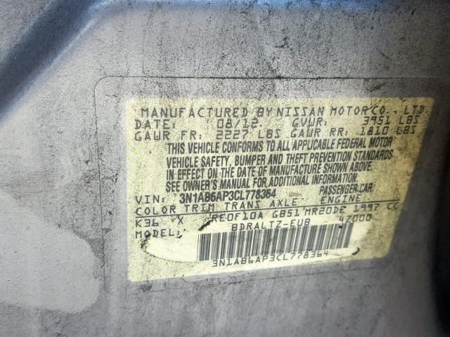 3N1AB6AP3CL778364 - 2012 NISSAN SENTRA 2.0 GRAY photo 10